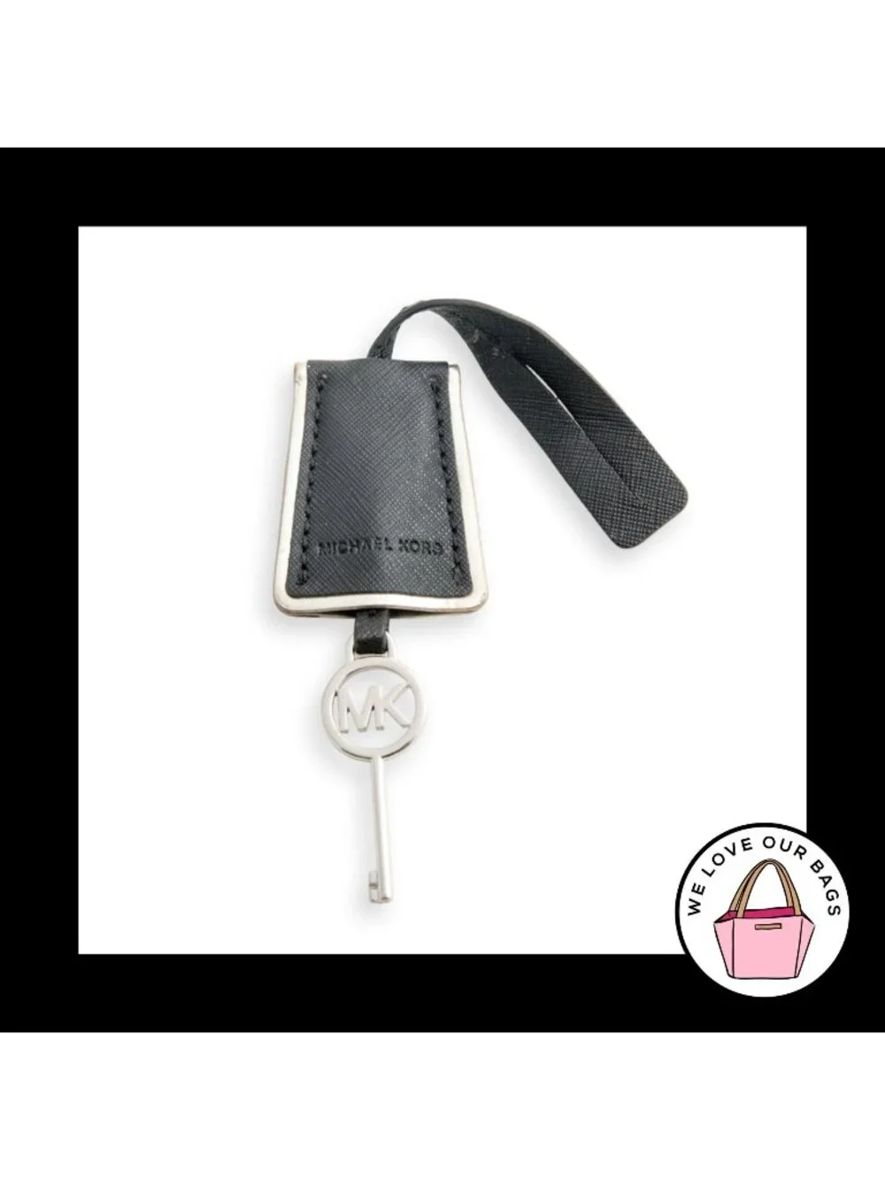 MICHAEL KORS CLOCHETTE Silver Key Black Leather Bag Charm Hang Tag Keychain Fob